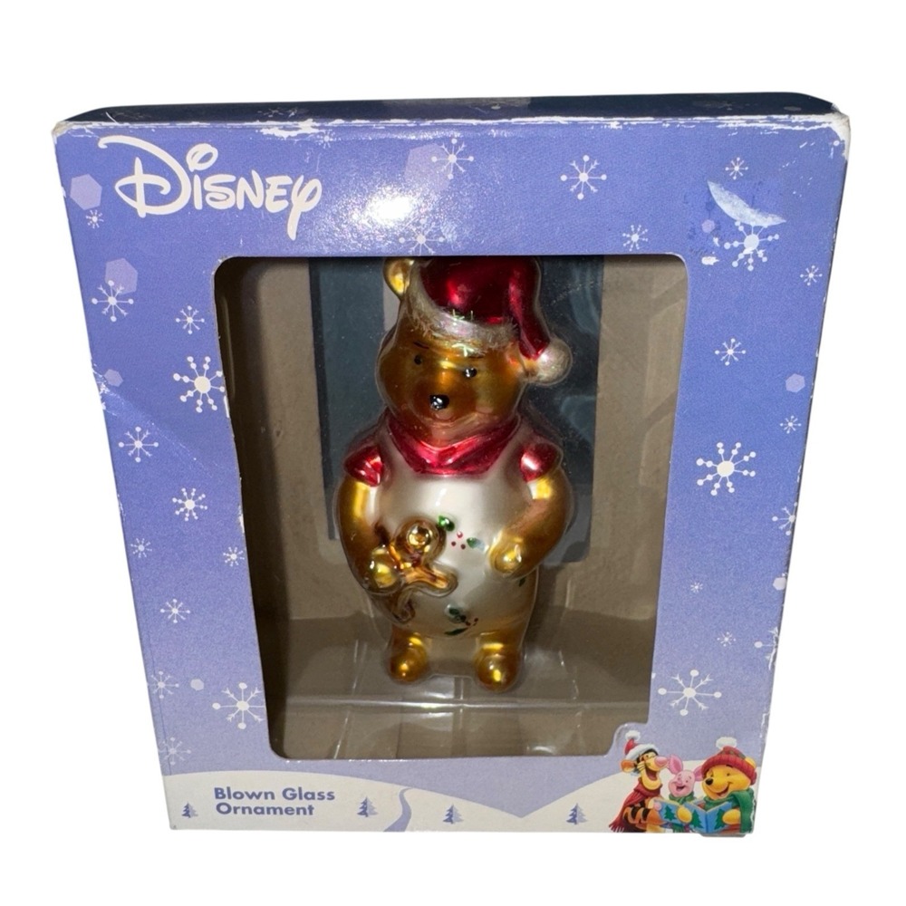 Winnie the Pooh‎ Blown Glass Christmas Ornament Red Ribbon in Box 4" x 2" Disney